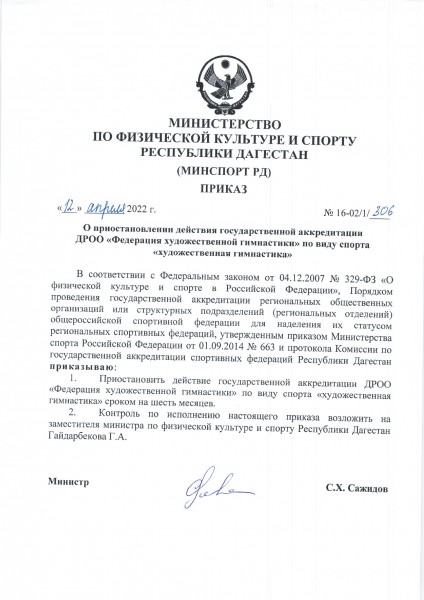 Приказ Министерства по физической культуре и спорту РД о приостановлении аккредитации ДРОО «Федерация художественной гимнастки».